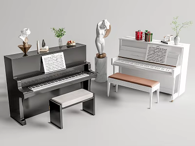 Black And White Pianos With Art Supplies Music Sheets Sculptures And Decorative Plants 3d model