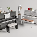 Black And White Pianos With Art Supplies Music Sheets Sculptures And Decorative Plants