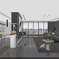 Modern Open Living And Dining Room With City View Gray Sofa And Marble Decor