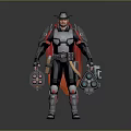 Game Movie Character Cowboy Style Armored Outfit With Red Cape And Large Mechanical Weapons