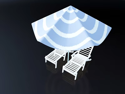 Two White Outdoor Lounge Chairs With Blue And White Striped Umbrella 3d model