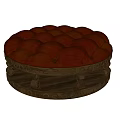 Brown Leather Tufted Round Ottoman With Decorative Wooden Base And Buttoned Top