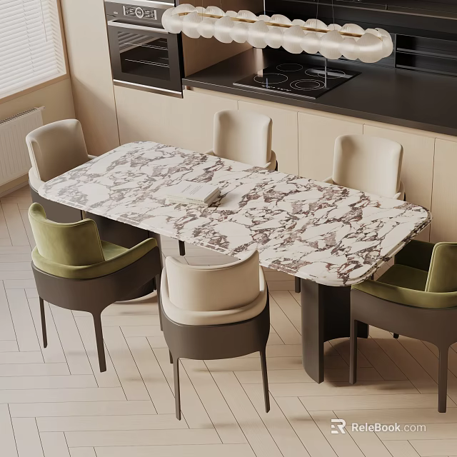 Modern Dining Table Set With Marble Pattern Tabletop And Green Beige Chairs 3d model