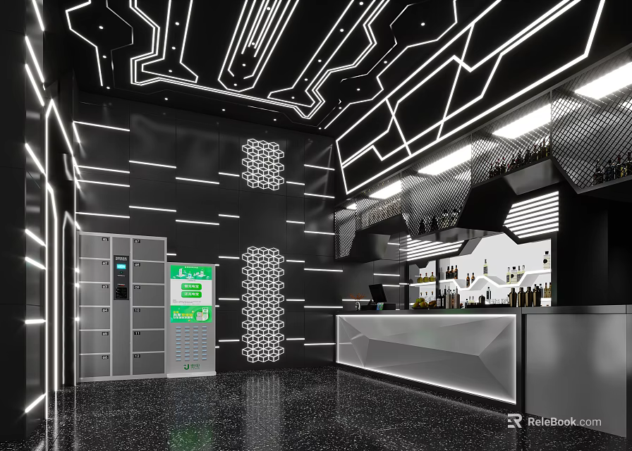 Modern Store Front Desk With Geometric Lighting Bar Counter And Wine Racks 3d model 