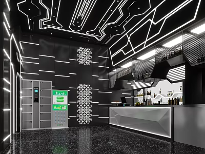 Modern Store Front Desk With Geometric Lighting Bar Counter And Wine Racks 3d model
