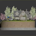 Cartoon Scene with Small House Trees Pink Flowers Blue Car and Green Grass Path