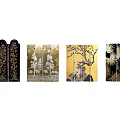 Decorative Folding Screens With Floral Tree Branch Patterns And Gold Black Frames 3d model