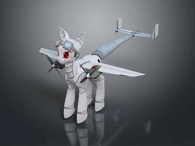 White Unicorn Like Game Movie Character With Airplane Wings Tail Red Eyes And Propellers 3d model