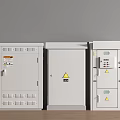 White Electrical Control Cabinets Featuring Warning Signs And Diverse Panel Designs