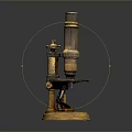 Vintage Brass Microscope With Wooden Base And Metal Structure Components