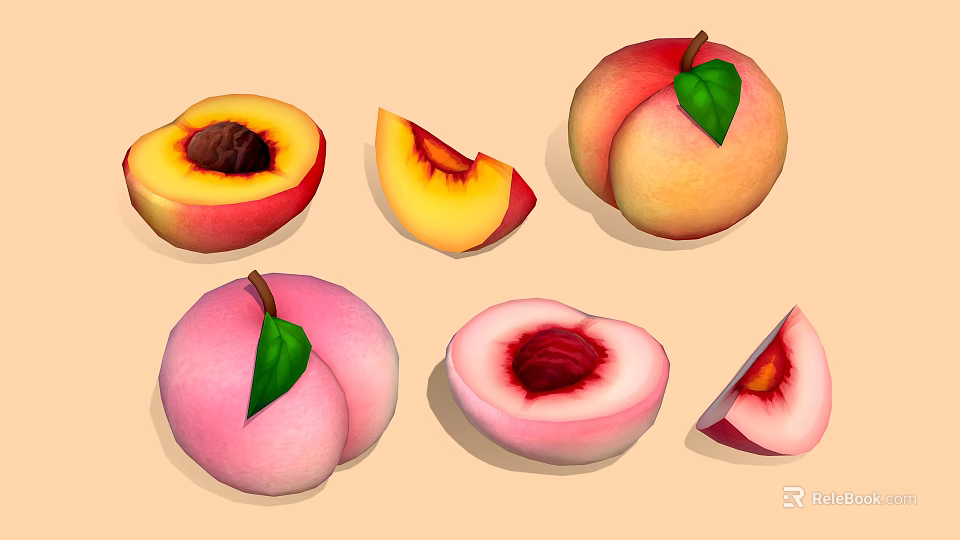 Fresh Ripe Peaches With Leaf Whole Sliced And Cut Open Showing Pit 3d model 