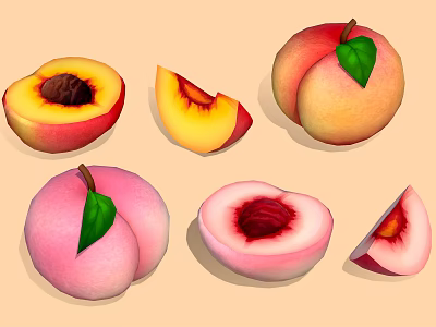 Fresh Ripe Peaches With Leaf Whole Sliced And Cut Open Showing Pit 3d model