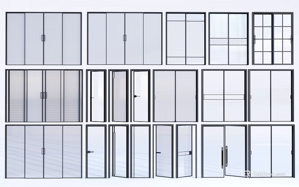 Various Modern Glass Door Designs With Different Panel Styles And Openings 3d model