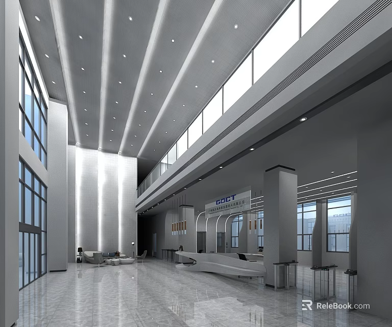 Modern Spacious Front Desk Reception Lobby With Bright Lighting And Large Windows 3d model