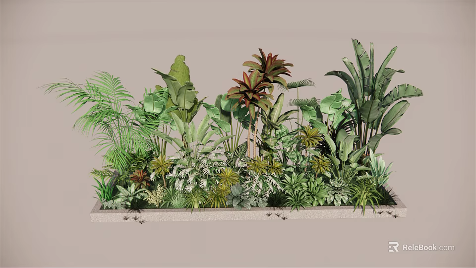 Assorted Green Plants With Diverse Leaf Shapes And Tropical Varieties In Rectangular Planter 3d model 