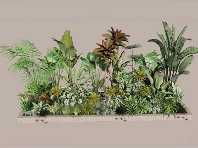 Assorted Green Plants With Diverse Leaf Shapes And Tropical Varieties In Rectangular Planter 3d model