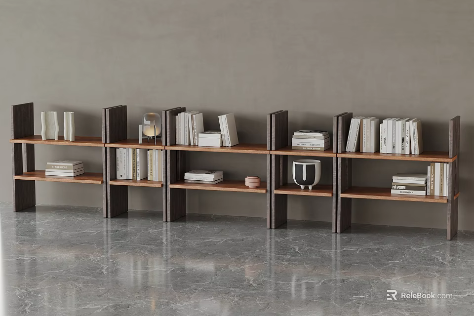 Modern Minimalist Bookshelves With Wooden Black Frame Books Lantern On Gray Wall And Marble Floor 3d model 