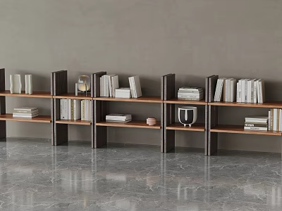 Modern Minimalist Bookshelves With Wooden Black Frame Books Lantern On Gray Wall And Marble Floor 3d model