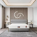 Modern Double Bed with Wooden Wall White Decorative Lines and Window Curtain in Bedroom