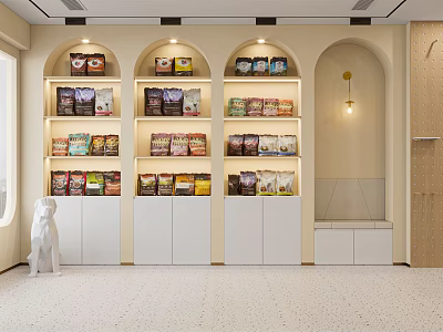 Shopping Mall Store Displaying Various Products On Arched Shelves With White Cabinets And Dog Figurine 3d model