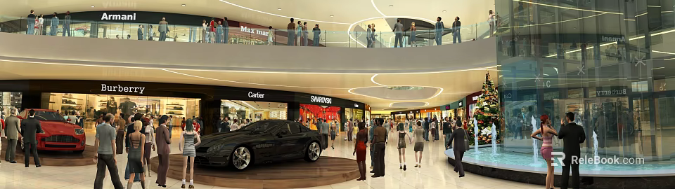 Shopping Mall Interior With Two Floors Cartier Swarovski Stores Black Car And People Around 3d model 