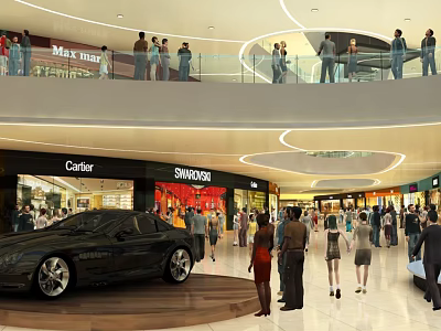 Shopping Mall Interior With Two Floors Cartier Swarovski Stores Black Car And People Around 3d model
