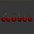 Six Fresh Red Cherries With Green Stems On Dark Reflective Surface