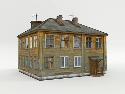 Traditional Old Wooden House With Multiple Windows Two Chimneys And Front Porch 3d model