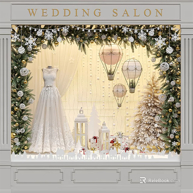 Christmas Themed Window Display With Wedding Dress Snowflakes Hot Air Balloons And Christmas Tree 3d model 