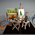 Single Sofa With Wooden Frame Small Table Potted Plants Easel And Bicycle On Rug