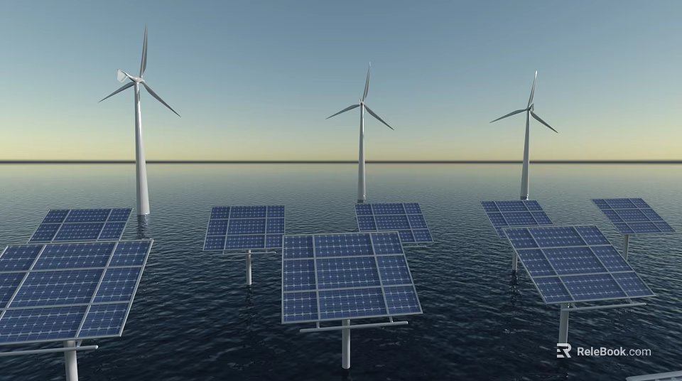 Offshore Wind Turbines And Solar Panels Generating Renewable Energy For Household Appliances 3d model 