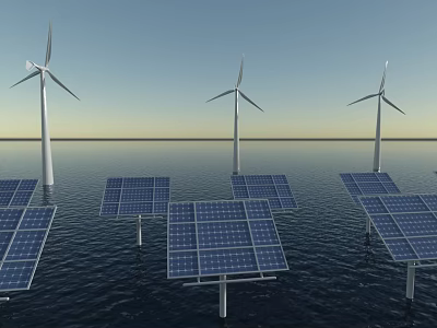 Offshore Wind Turbines And Solar Panels Generating Renewable Energy For Household Appliances 3d model