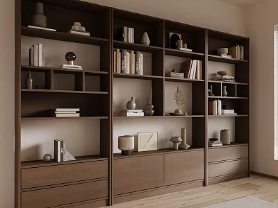 Modern Built-in Wooden Bookcase With Drawers Compartments Books And Decorations 3d model