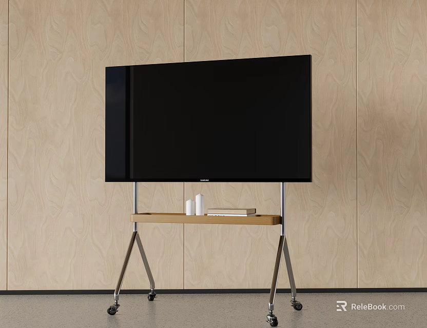 Black TV on Metal Stand with Wooden Top and Wheels Against Light Wooden Wall 3d model 