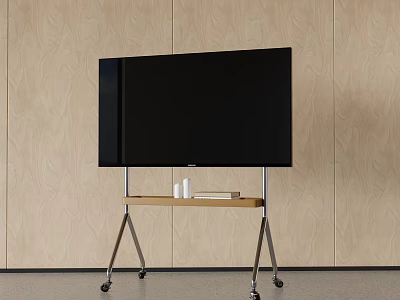 Black TV on Metal Stand with Wooden Top and Wheels Against Light Wooden Wall 3d model