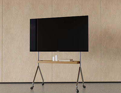Black TV on Metal Stand with Wooden Top and Wheels Against Light Wooden Wall 3d model