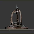 Scenic Landscape Showcasing Circular Fountain With Green Moss Metal Spire And Stone Pavement