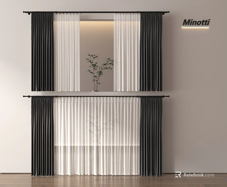Black And White Sheer Double Layer Curtains For Modern Window Interior Design 3d model 
