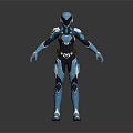 Futuristic Blue And Black Armored Character With Red Accents And Sleek Design