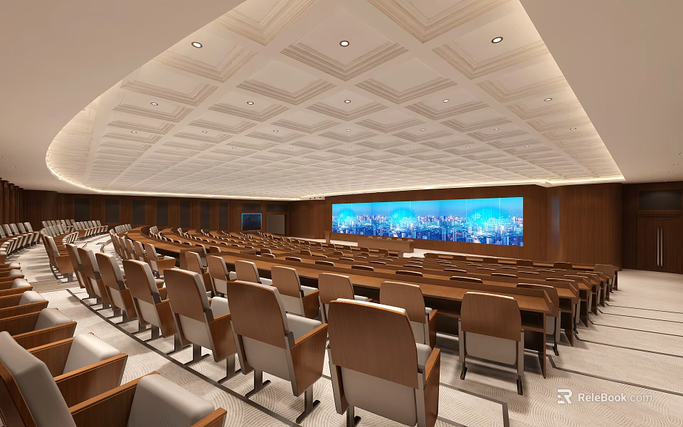 Elegant School Building Lecture Hall with Comfortable Seats Large Screen and Modern Ceiling Design 3d model