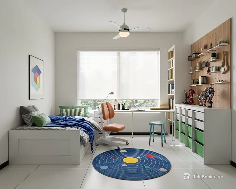 Bright Kids Room Interior With Bed Desk Bookshelf Storage And Planet Rug 3d model 
