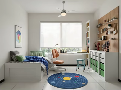 Bright Kids Room Interior With Bed Desk Bookshelf Storage And Planet Rug 3d model