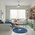 Bright Kids Room Interior With Bed Desk Bookshelf Storage And Planet Rug