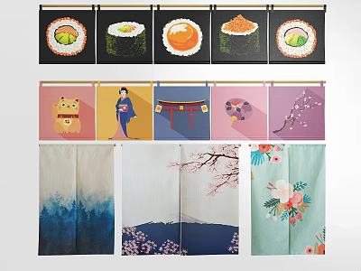 Kitchen Curtains With Sushi Lucky Cat Kimono Woman Torii Gate Cherry Blossom Designs 3d model