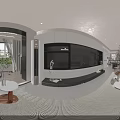 Modern Warm Tone Living And Dining Room With Leather Sofa And Full Wall Storage Cabinets