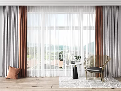 Modern Brown And Gray Curtains With Sheer Panels For Scenic Window View 3d model