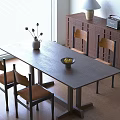 Wooden Dining Table Set With Chairs Vase And Fruit Bowl Near Window Cabinet