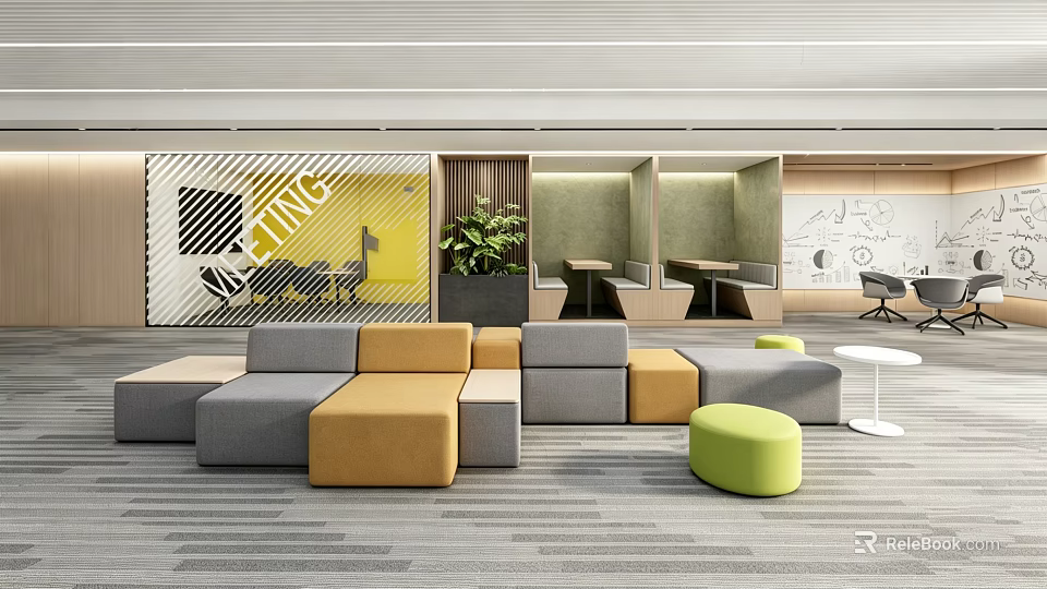 Outdoor Sofa Modular Design With Gray Yellow Modules Green Ottoman And Plants In Modern Space 3d model 