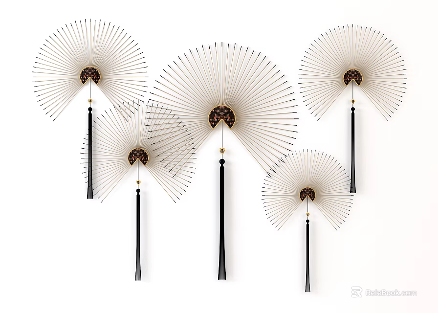Five Fan Shaped Wall Decor with White Blades Black Tassels and Decorative Centers 3d model 