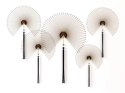 Five Fan Shaped Wall Decor with White Blades Black Tassels and Decorative Centers 3d model